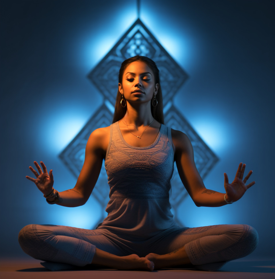 Woman in yoga pose stretches in studio
