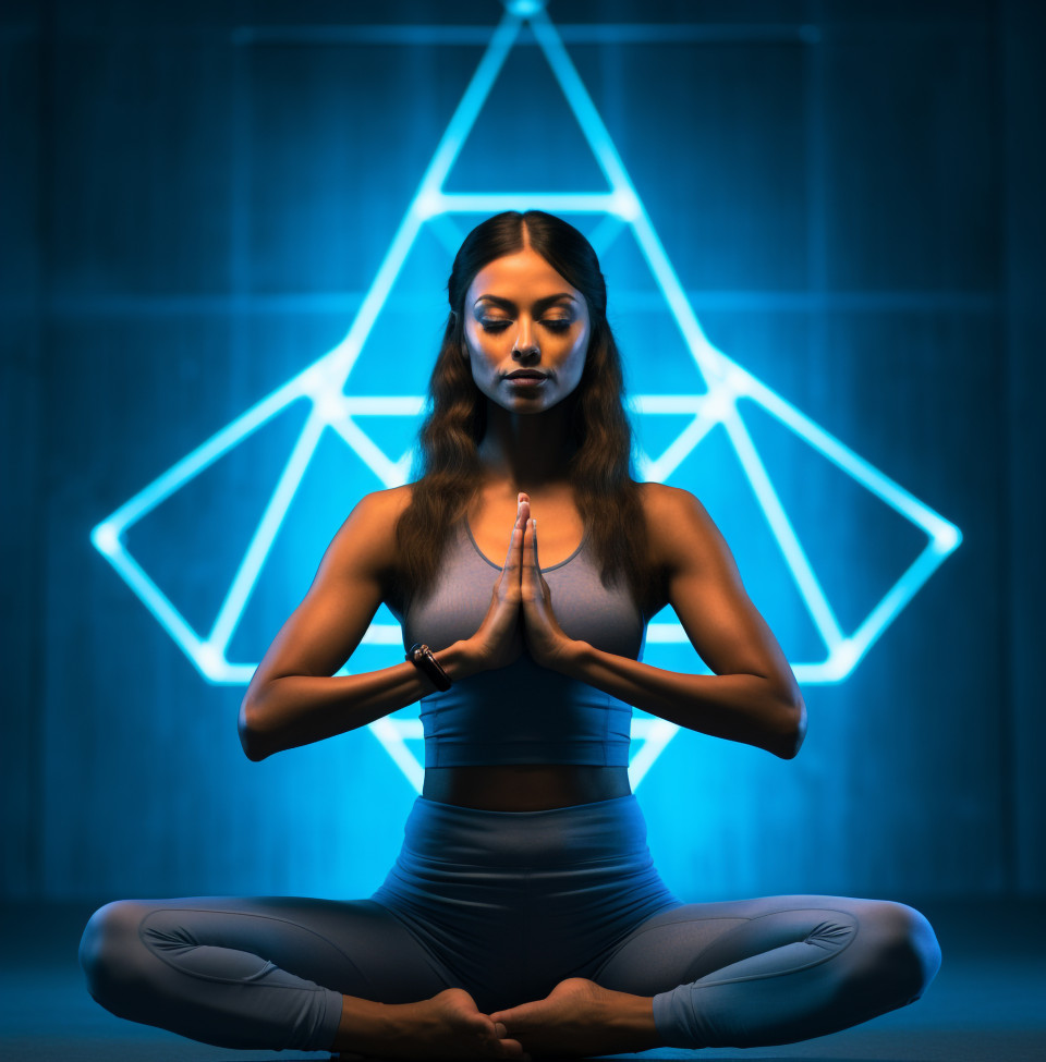 Woman in warrior pose contemplates in studio