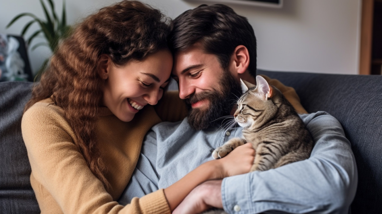 Couple and cat share sweet embrace