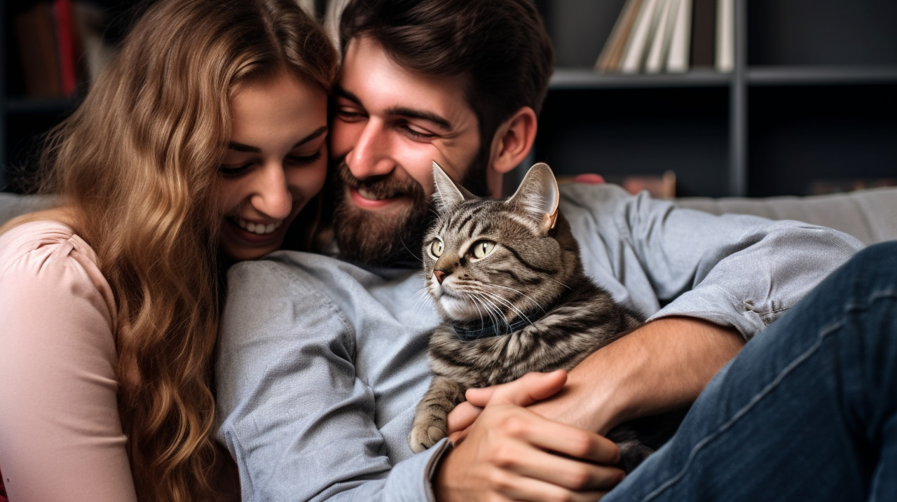 Cat is the third wheel in this cozy couple photo
