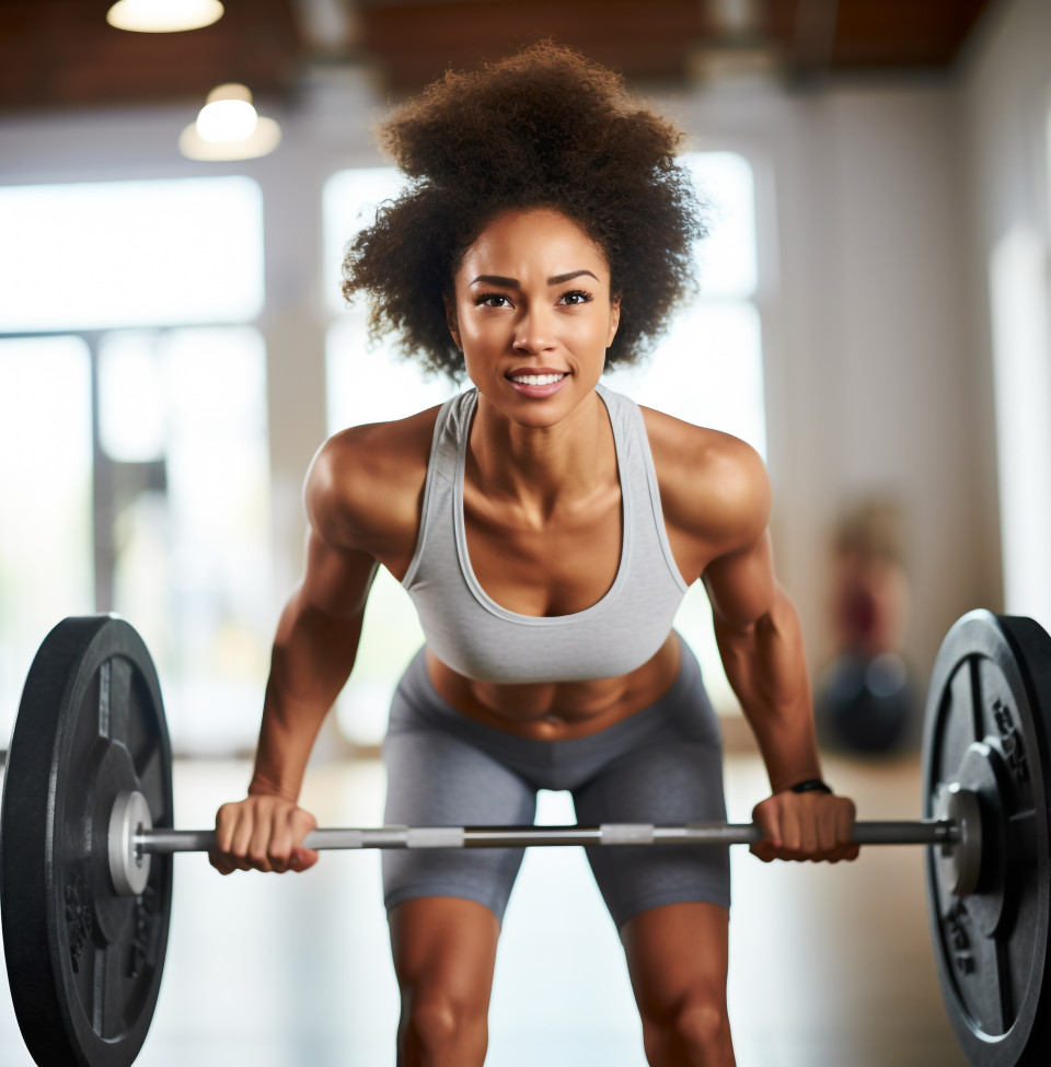 The woman is lifting a heavy weight in a deadlift