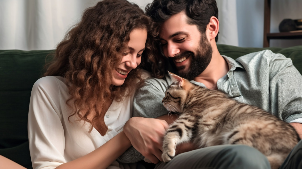 Happy couple and cat enjoy each other's company
