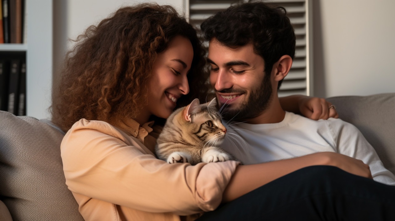 Couple and cat bask in the sunlight