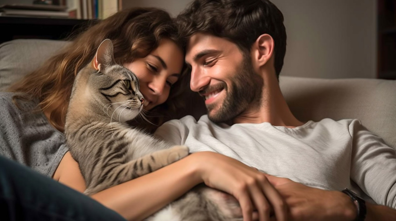 Young couple and cat share a special bond