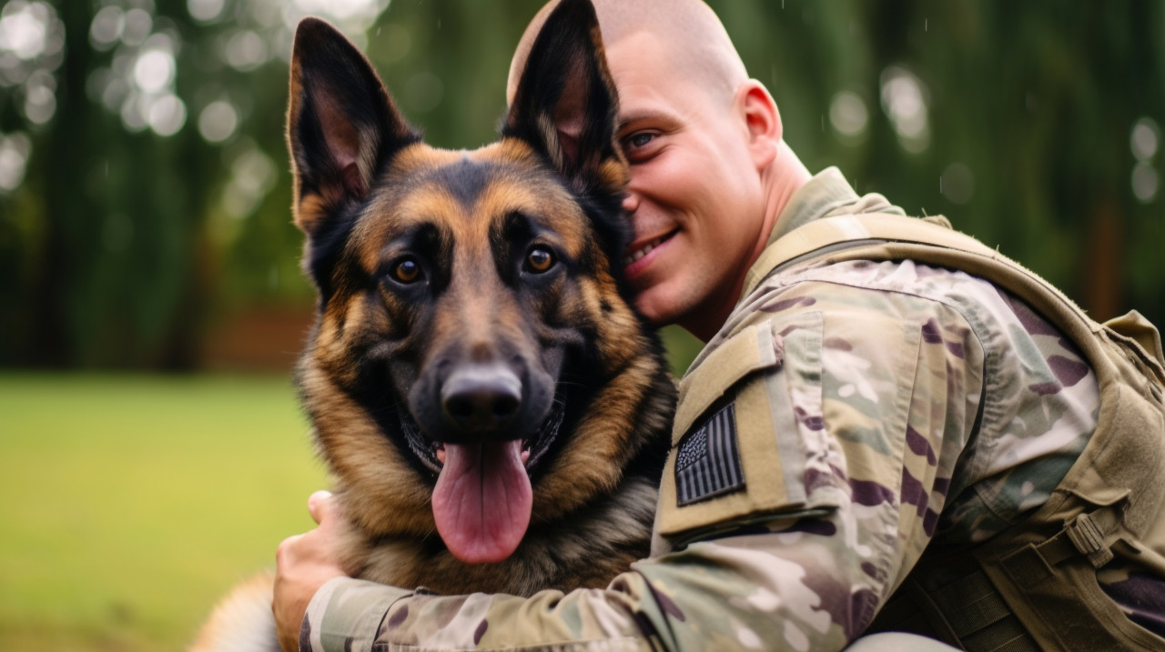 A soldier hugging his dog after returning home from deployment