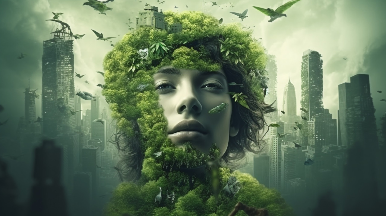 Modern city grows out of women head in creative image, concept style art