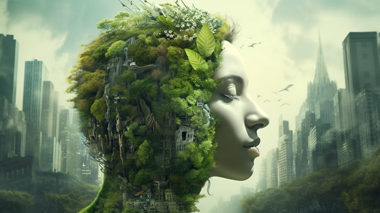 Women with green head in forest city, concept style art