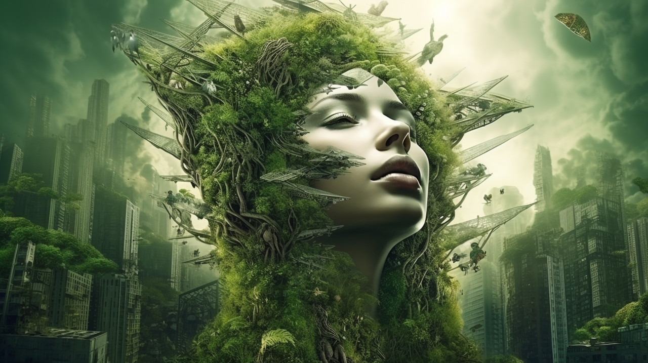 Modern city with nature's embrace, concept style art