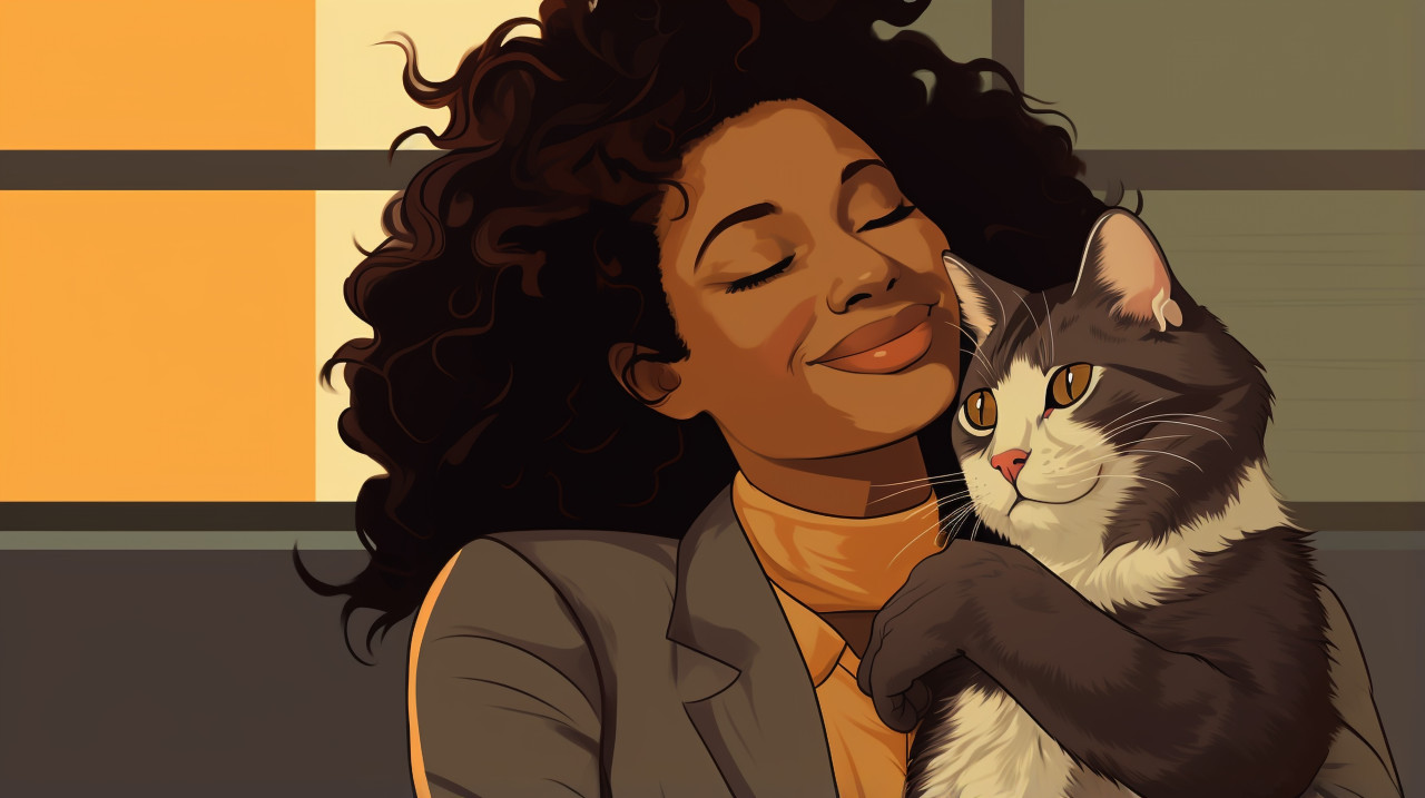 A woman hugging her cat after a long day at work