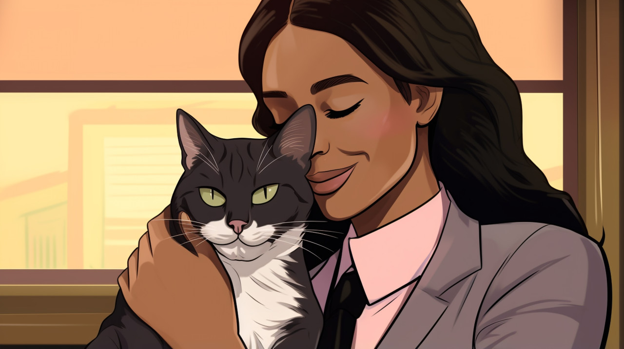 Tired woman hugs cat for stress relief