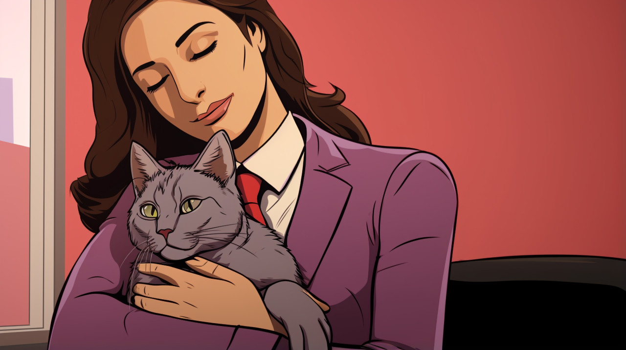 Pet lover relieving stress with cat cuddle