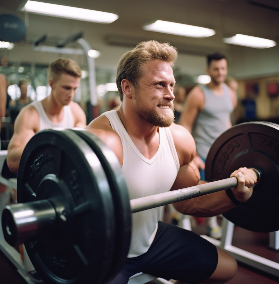 A man bench pressing a heavy weight in a gym