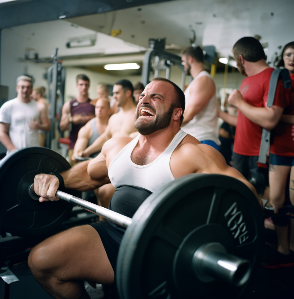 Muscular man bench presses in gym