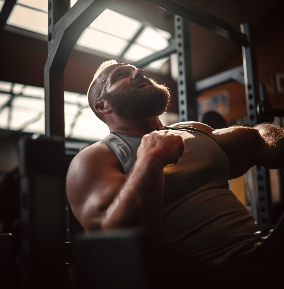 A slow-motion shot of a man bench pressing a heavy weight