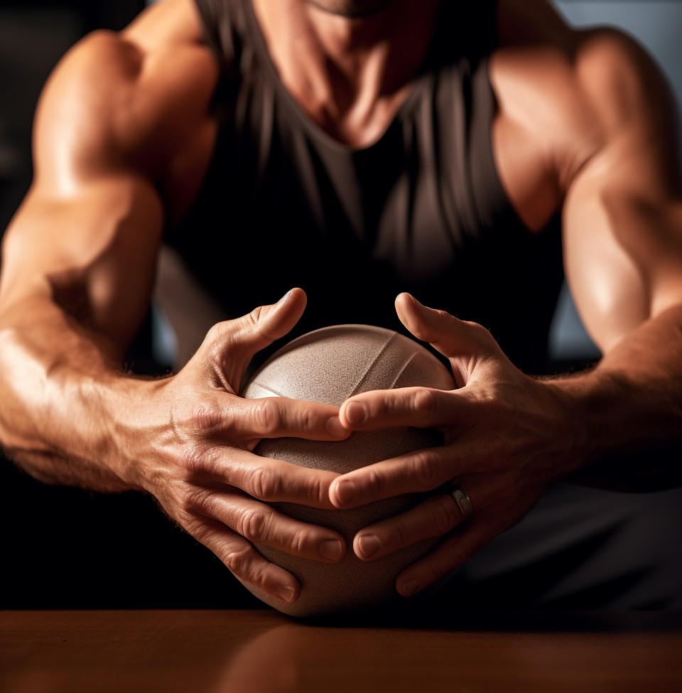 A close up of the mans hands as he grips the balance ball