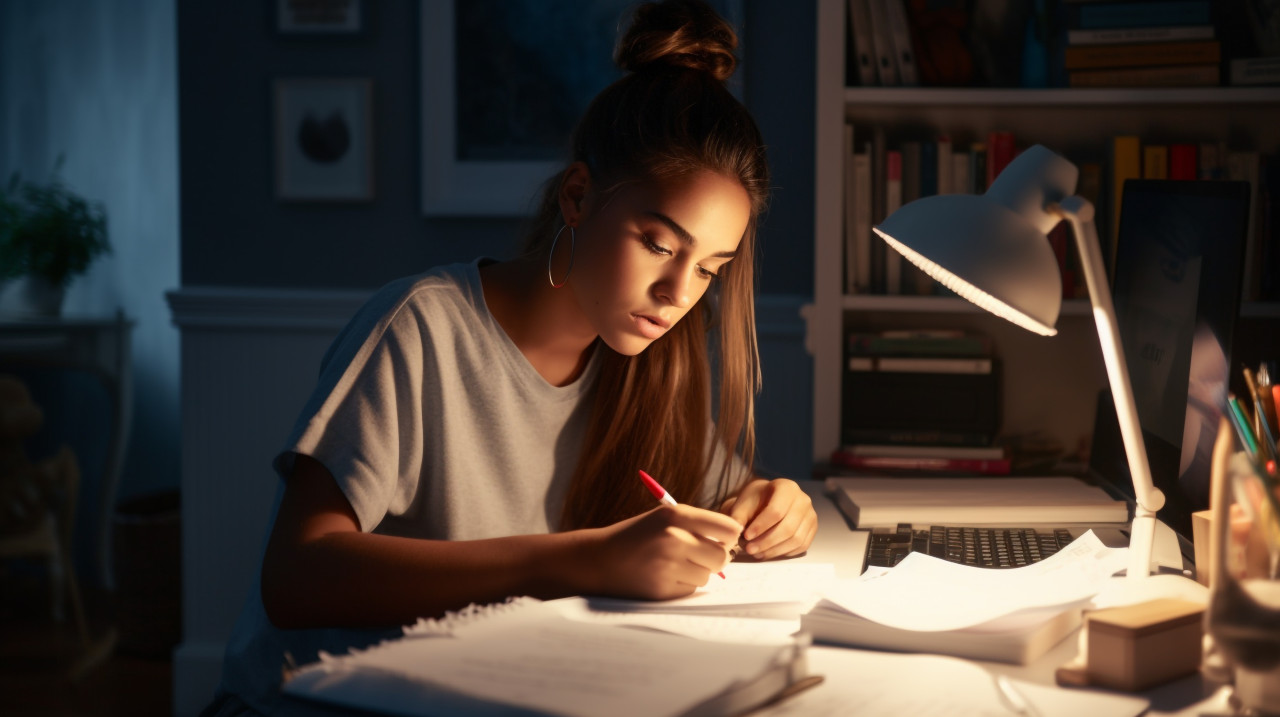 A young woman sits at a desk in her bedroom writing in a journal