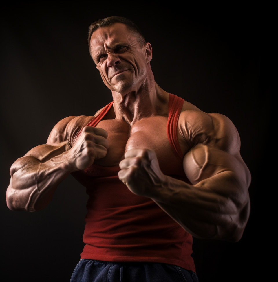 The bodybuilder is flexing his biceps