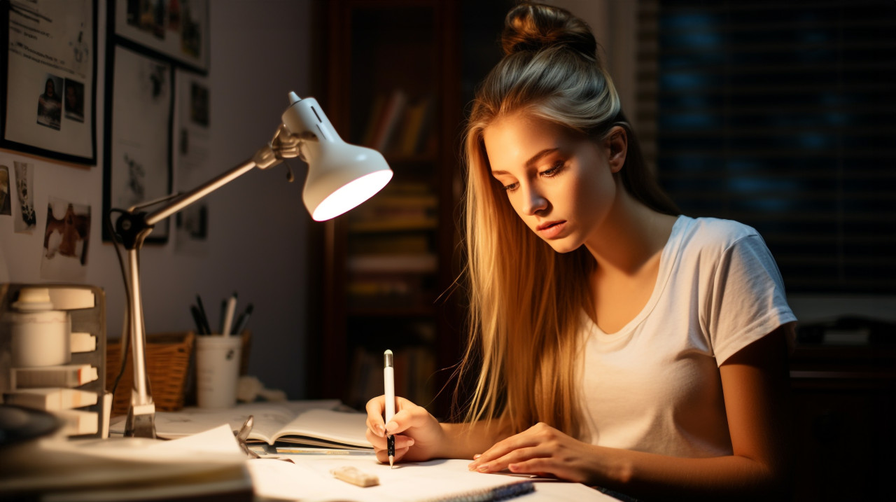 Young woman writing in journal at desk