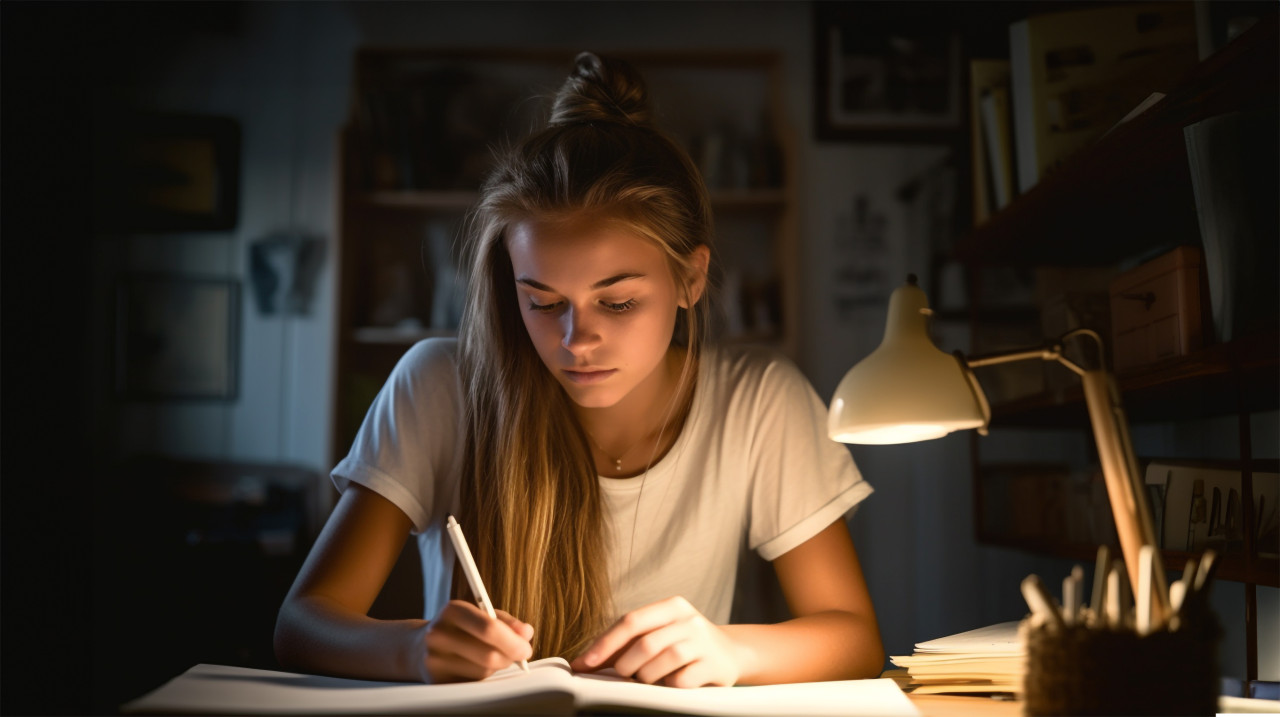 Woman ponders her thoughts while journaling