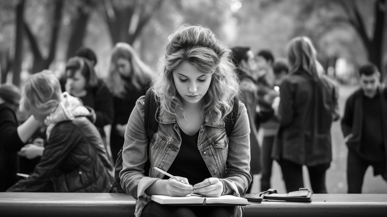 A woman sits on a bench in a park writing in a journal