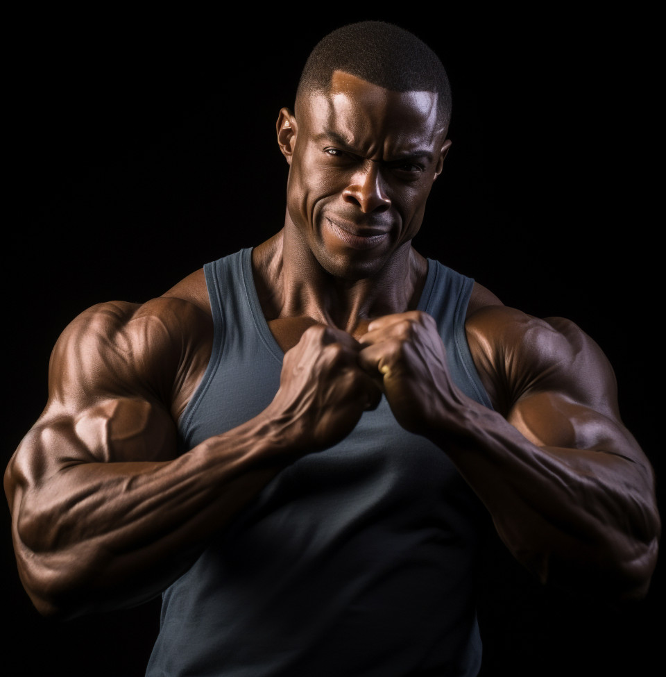 Muscular man flexes his arms