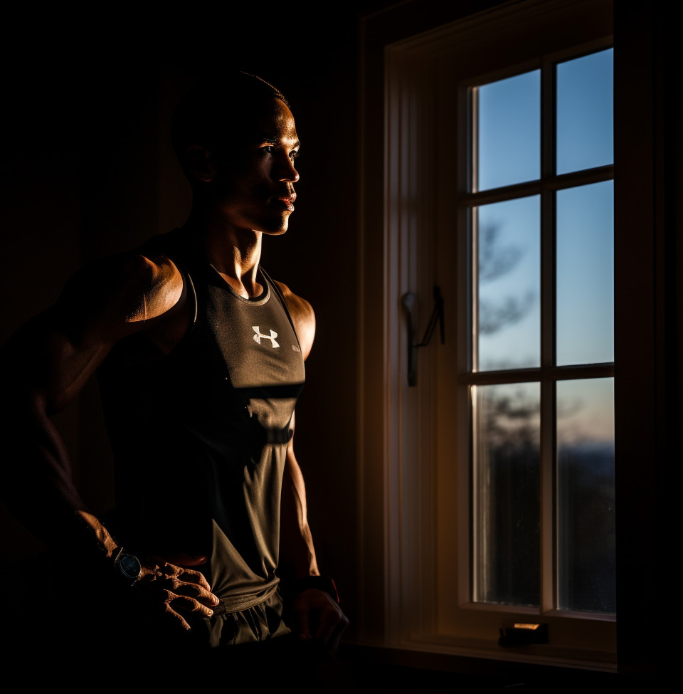 The athletes are silhouetted against a backlit window