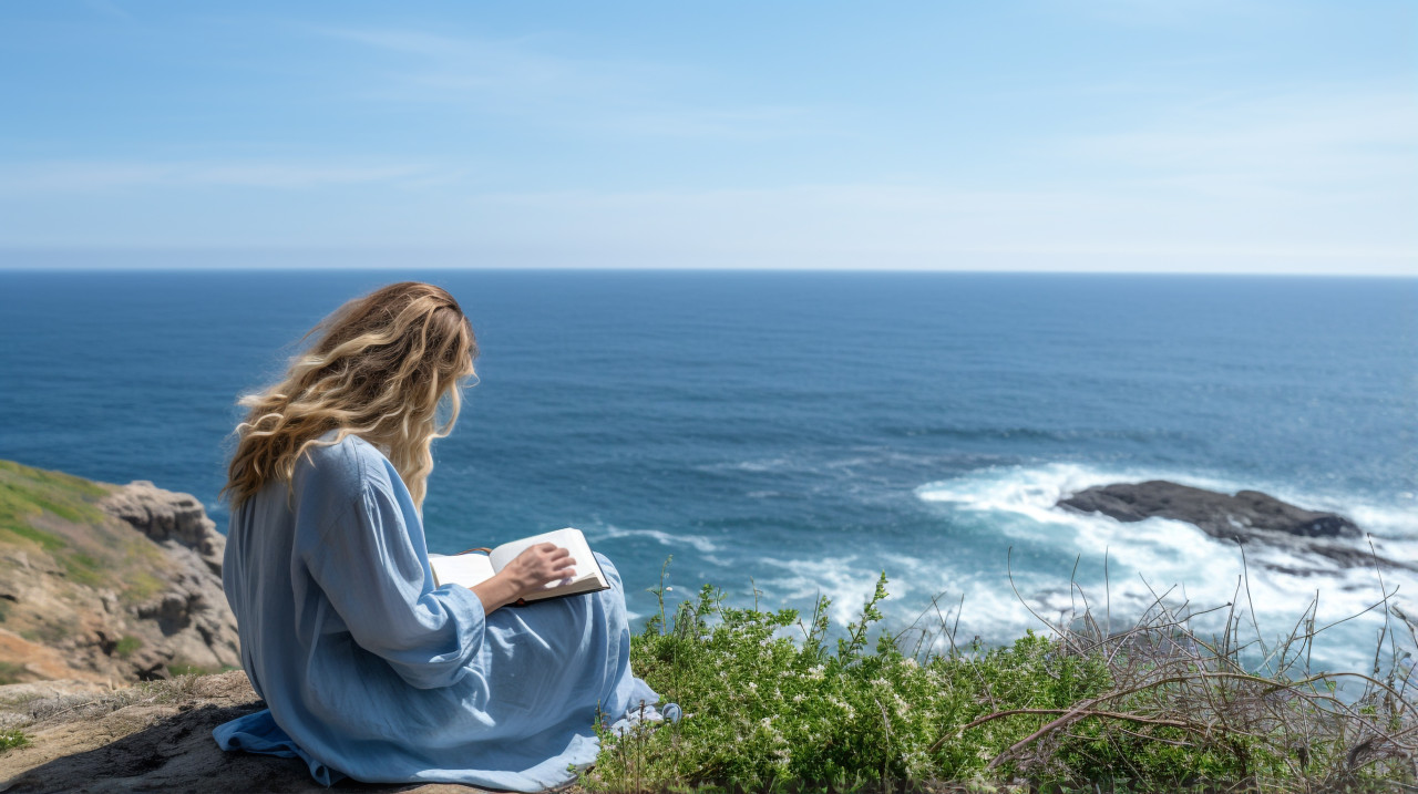 A woman sits on a cliff overlooking the ocean writing in a journal