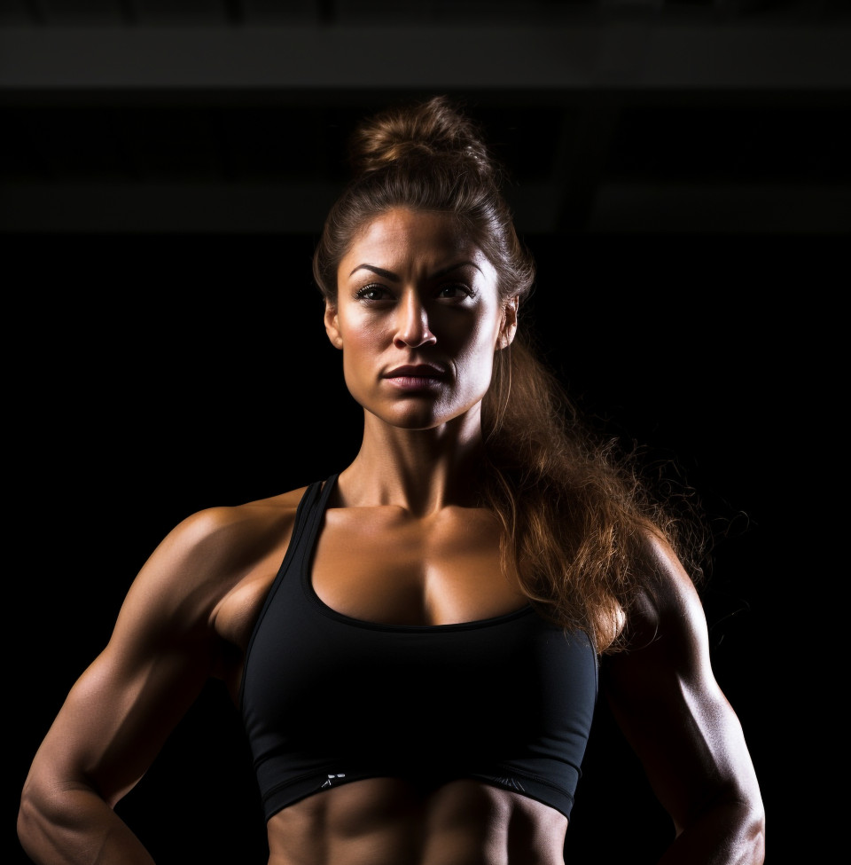 The woman is wearing a black sports bra and leggings