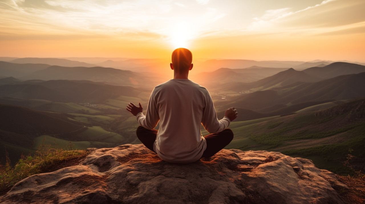 A person sitting cross-legged on a mountaintop