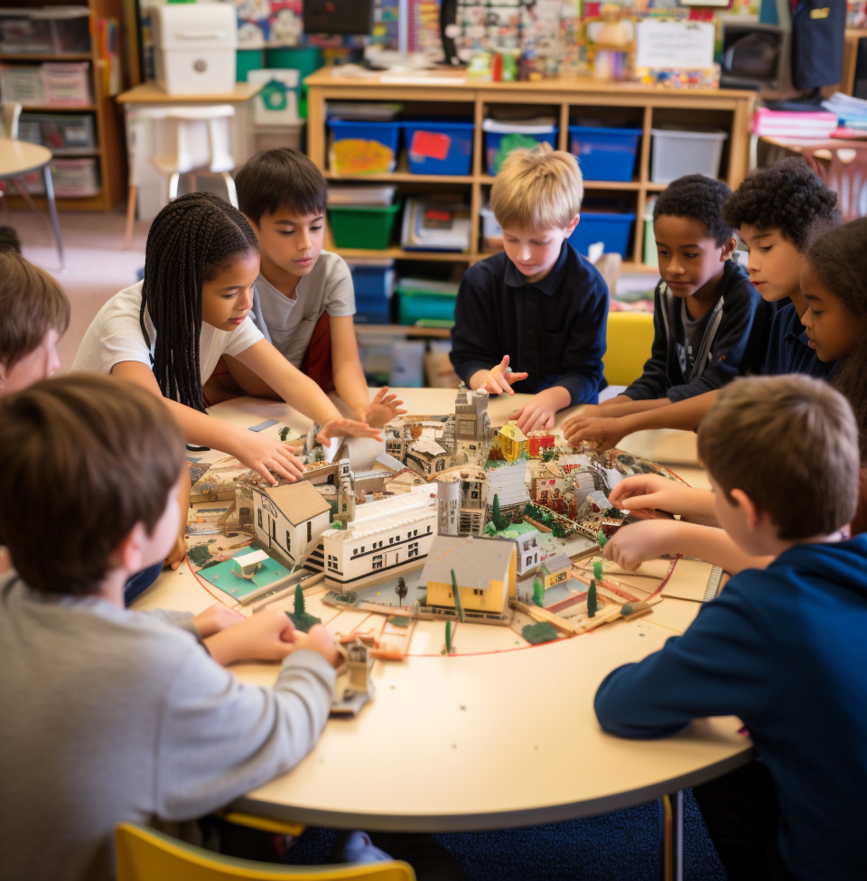 Students brainstorming in a circle