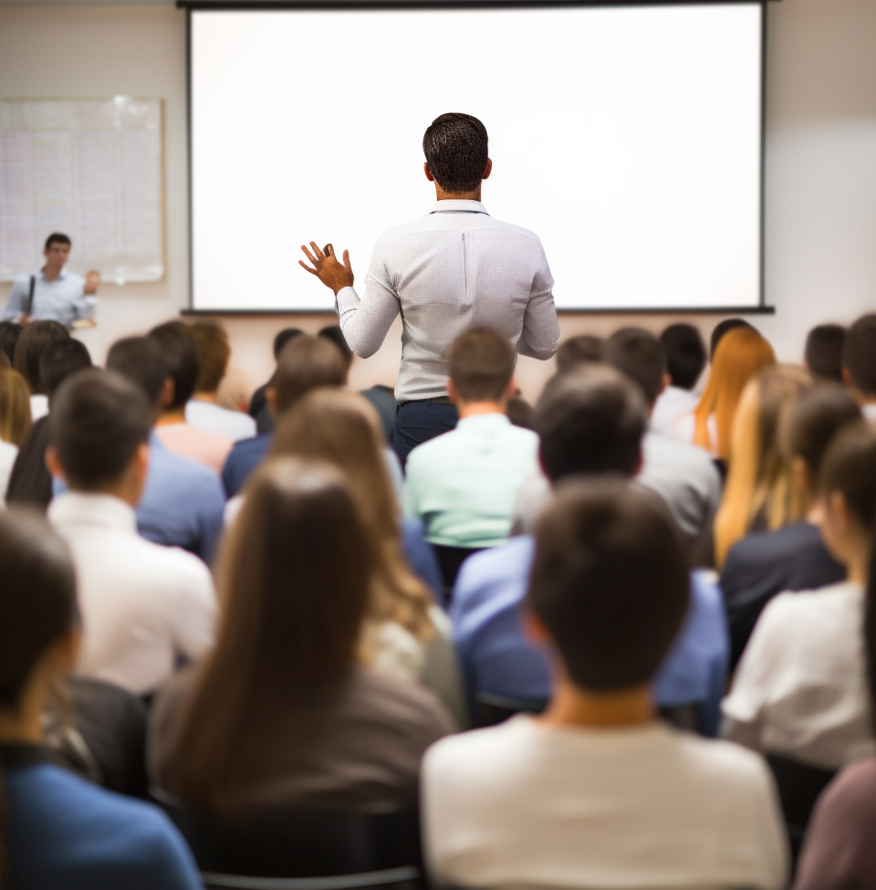 A wide angle shot of a teacher giving a lecture