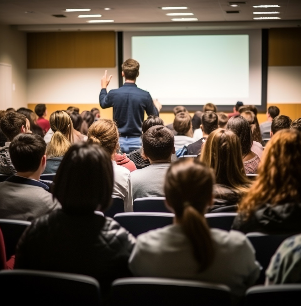 Teacher gives lecture in large lecture hall