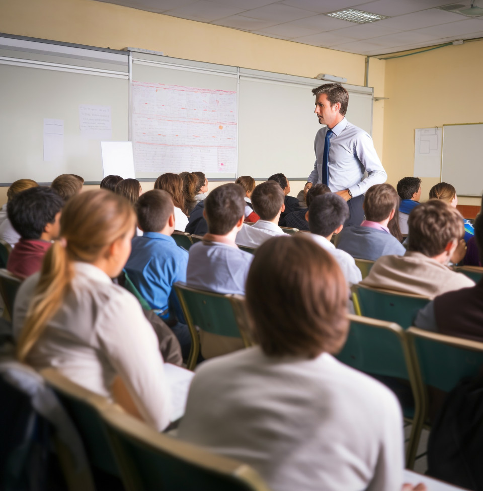 Professor lectures to students in large auditorium