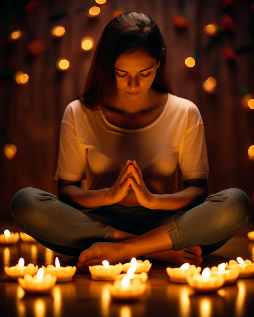 A person sitting in a lotus position in a dimly lit room