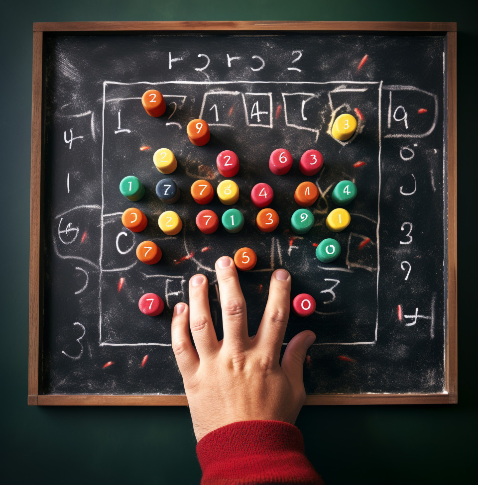 A close up shot of a teachers hands writing on a chalkboard