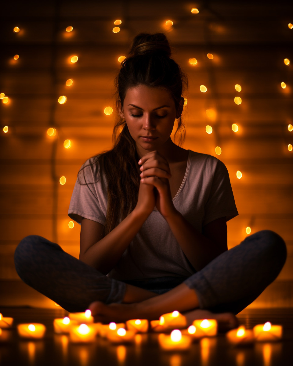 Person meditating in low light