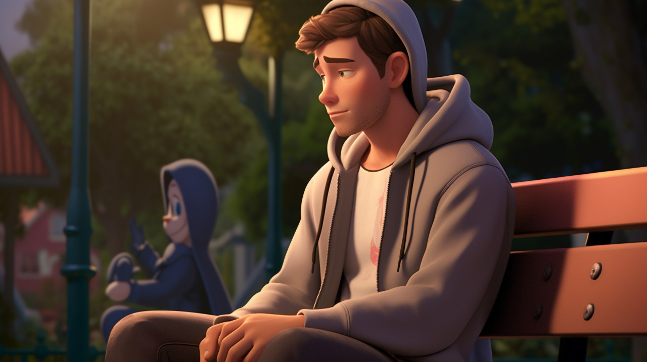 A man in his sits on a bench in a park