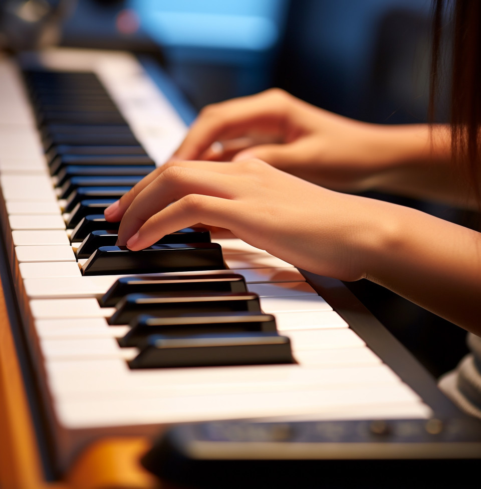 A close up of a student play on piano keyboard