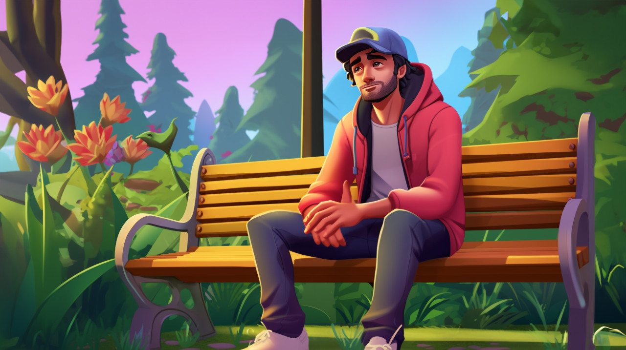 Sits on a bench in a park he is wearing a hoodie and jeans