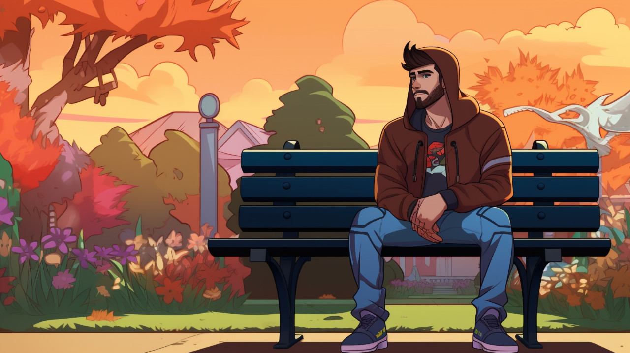 Young man in hoodie sitting on park bench