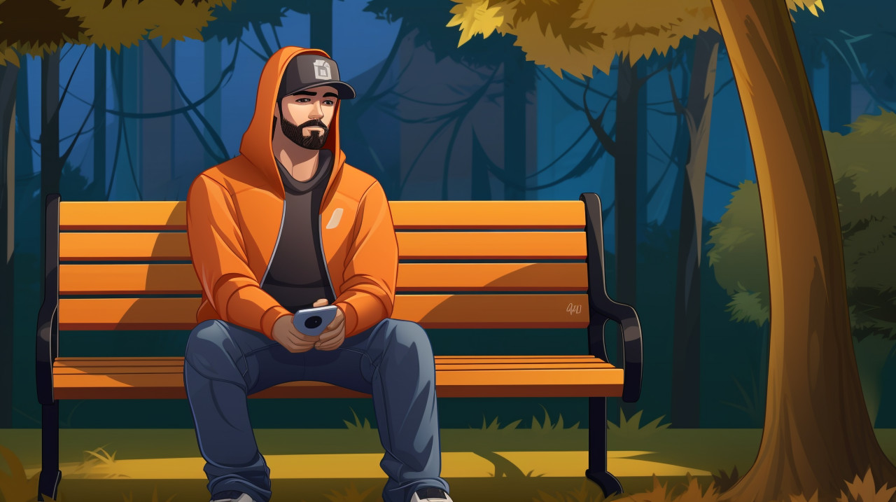 Relaxing on a bench in the park with a hoodie