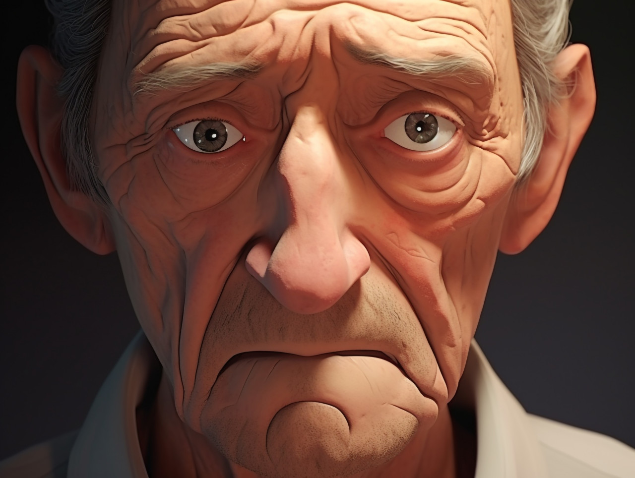 A close up of the mans face his eyes are downcast