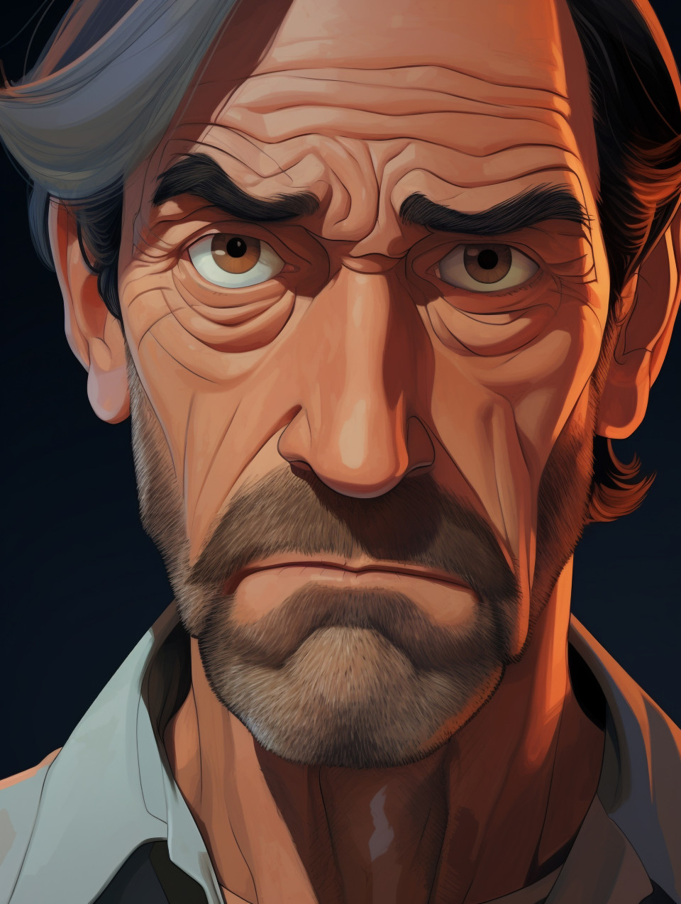 A close up of the mans face his eyes are downcast and his expression