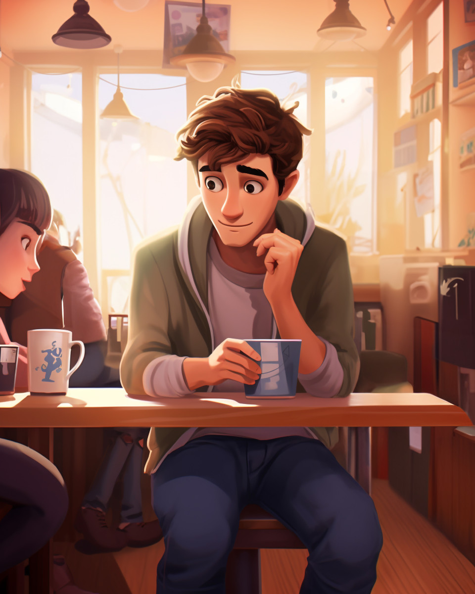 A person with social anxiety is sitting alone in a crowded coffee shop