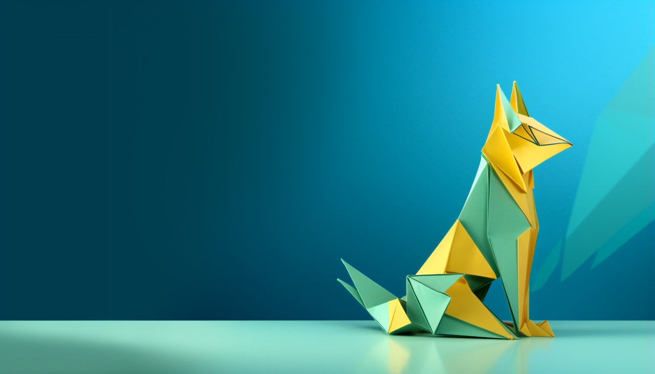 A fox origami model on a blue background