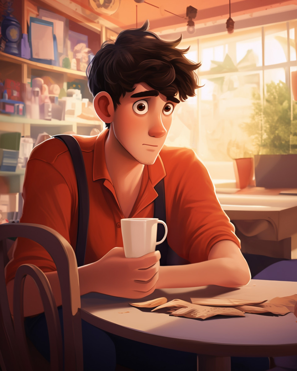 Shy person sits alone in coffee shop