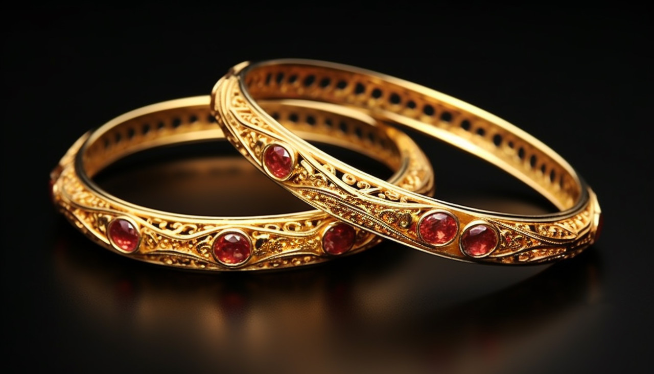 Stacked gold and red bangles