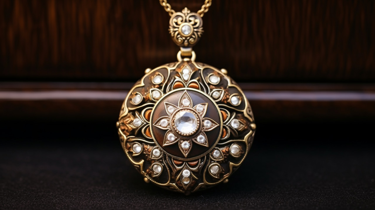 A pendant with diamonds on a brown surface