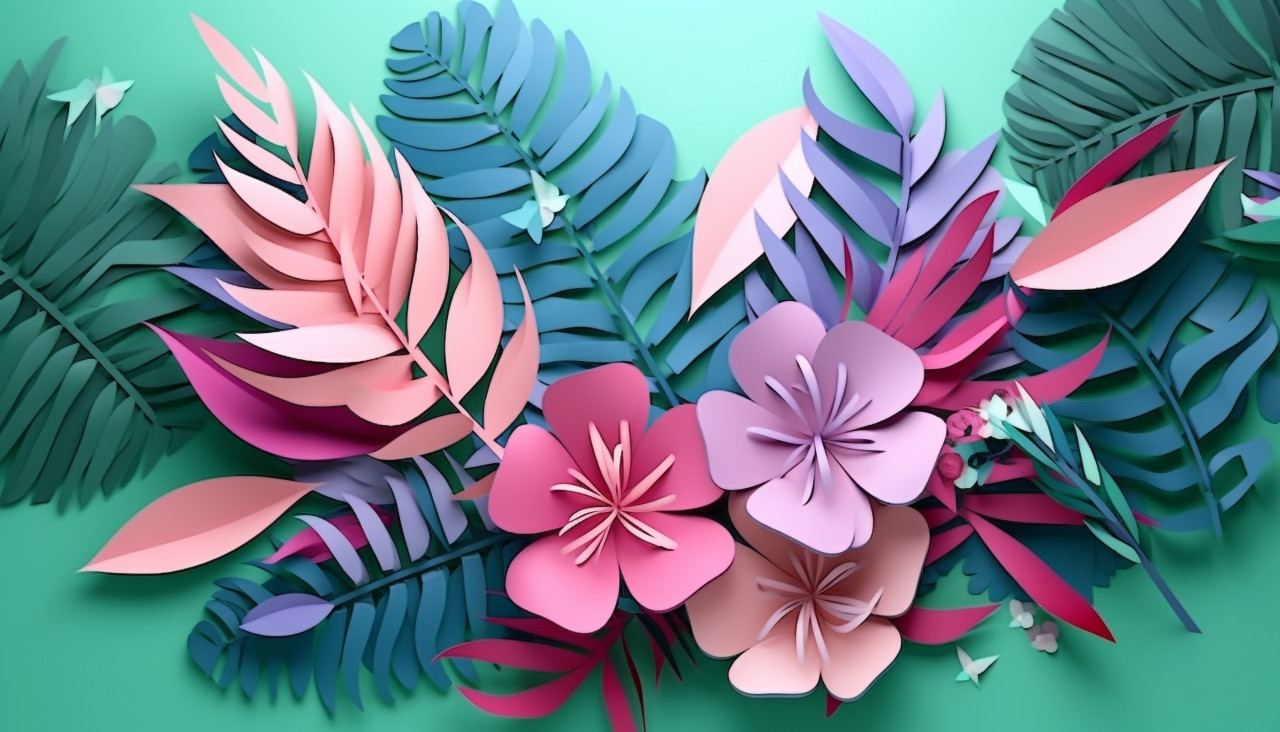 Pink paper cut tropical leaves