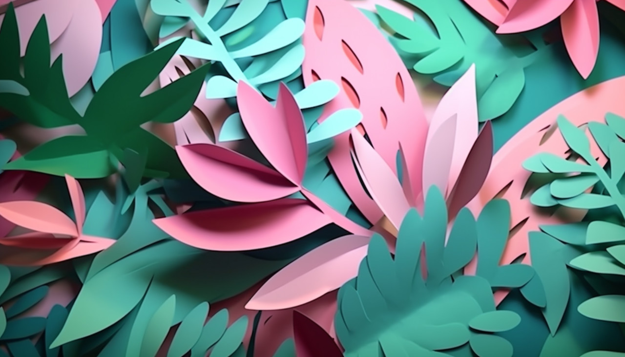 Paper cut palm leaves on pink